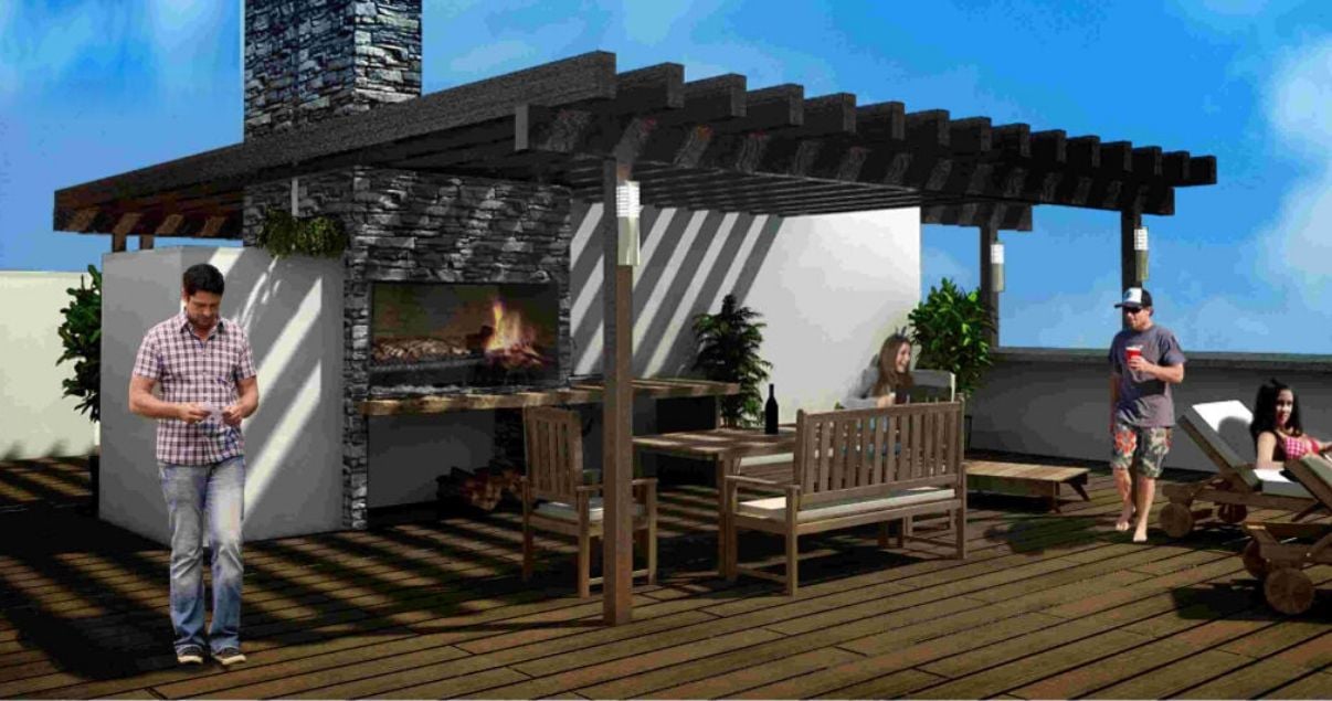 render de parrillero de Front Park, proyecto inmobiliario del estudio de arquitectos mokobocki