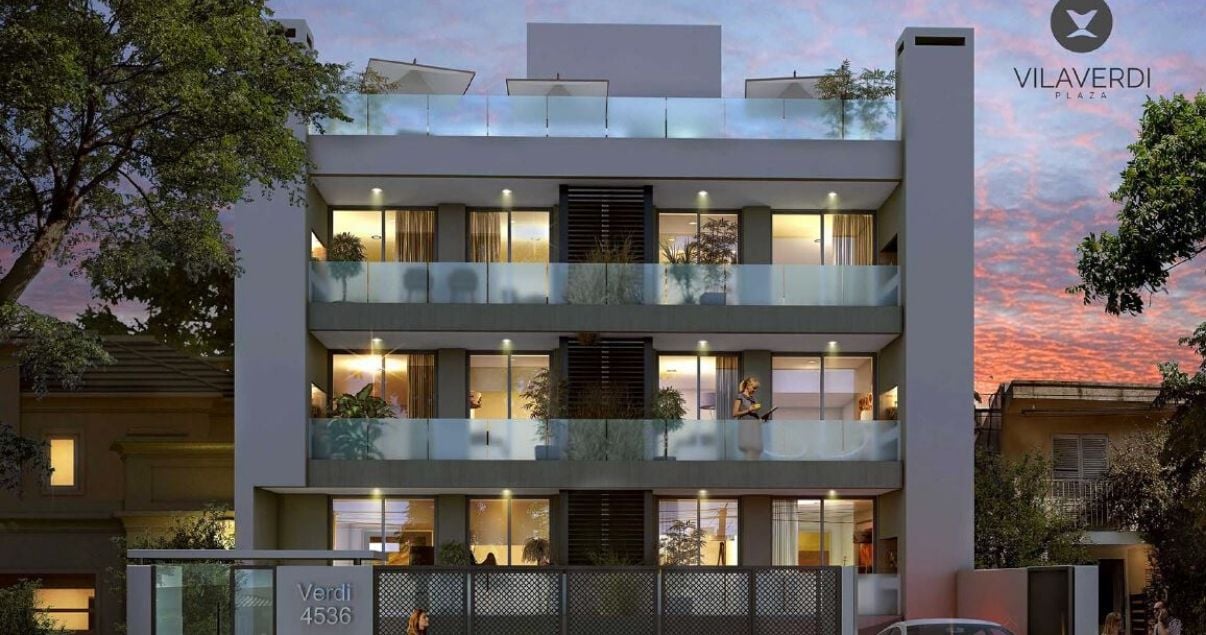 Render de Vilaverdi Plaza, apartamento en pozo en Montevideo, con atardecer
